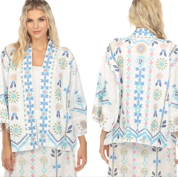 Johnny Was Oriel Cropped 100% Linen Kimono Fully Embroidered Size Medium - Picture 1 of 14